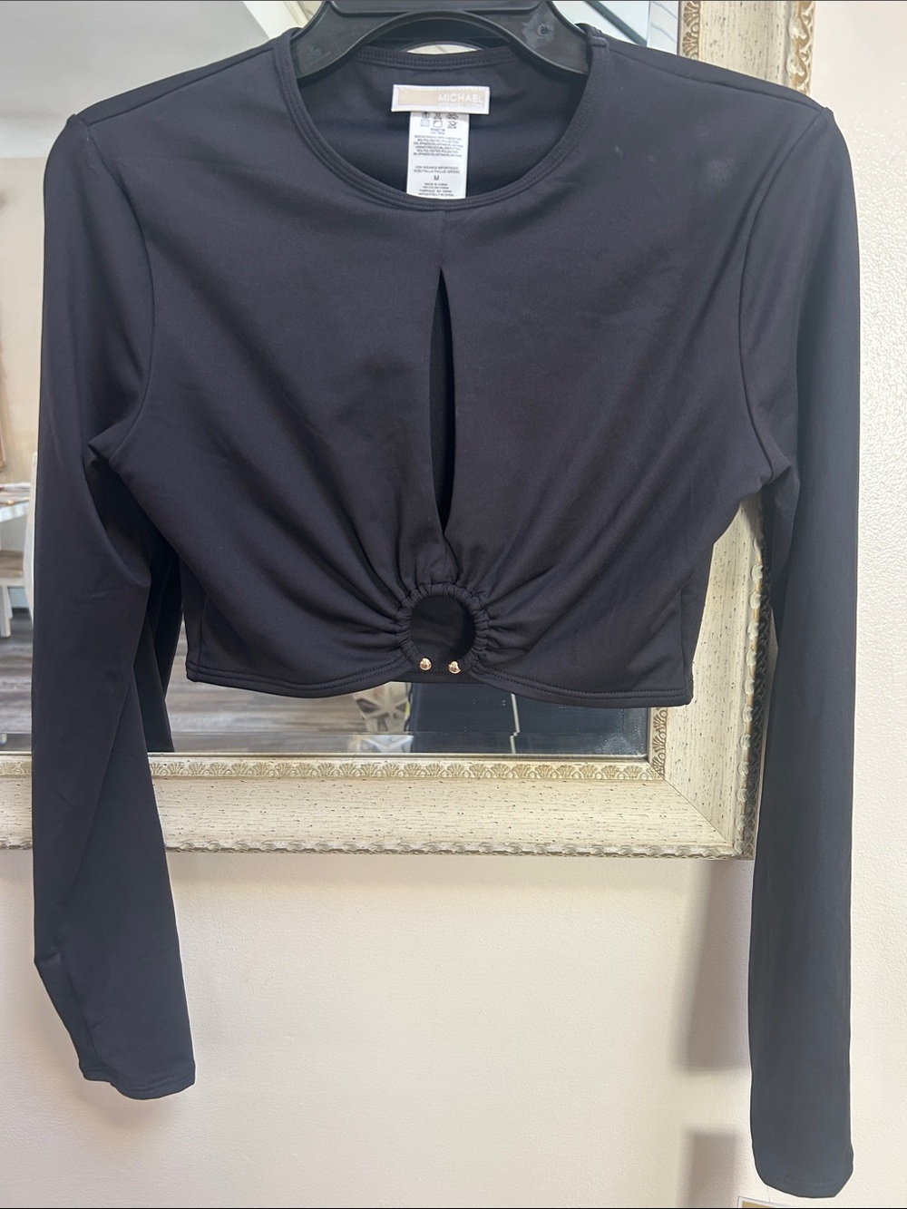 MICHAEL Michael Kors Black Long-Sleeve Crop Top with Front Ring Cutout swim suit